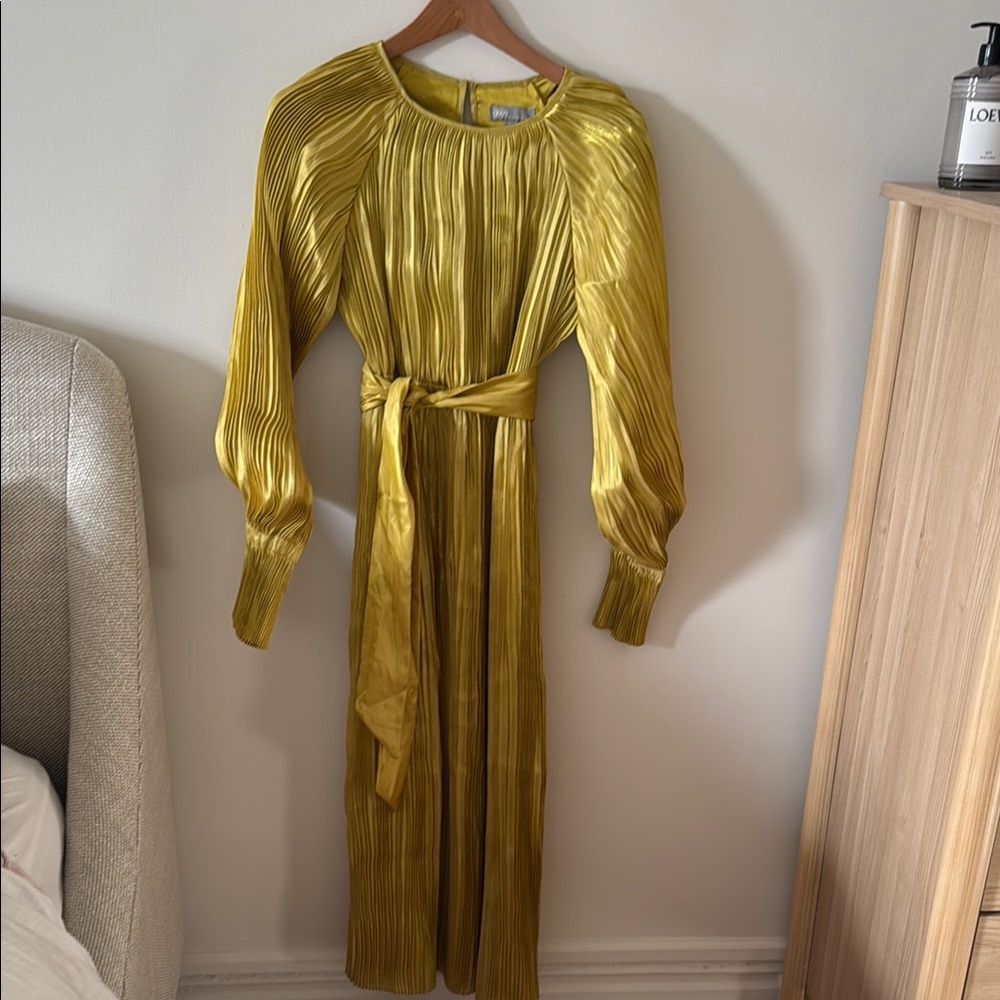 ASOS Gold Long Sleeve Plisse Pleated Dress